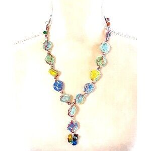 Beachy Fishnet Wrapped Colorful Glass Bead Necklace 24" Boho Coastal